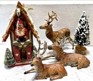 lot 267 image: Ceramic Santa House with Heavy German Made Deer & Bottlebrush Tree