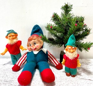 lot 361 image: Vintage 1960s Christmas Gnome  Elf Felt with Rubber Face Japan Ornamen t- QTY 2 & Plush Rubber Face Elf & Miniature Feather Tree