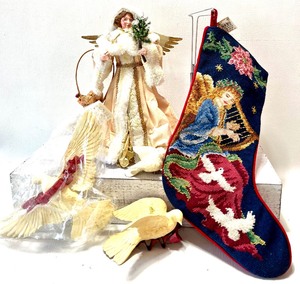 lot 370 image: Angel Figurine with Needlepoint Harp Stocking, SILVESTRI Dove, Clip Dove & Tree Top Angel