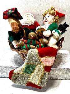 lot 378 image: Holiday Basket of Plush Goodies including Santa, Reindeer, Gingerbread Cookies, Snowmen & Stocking and more - QTY 12