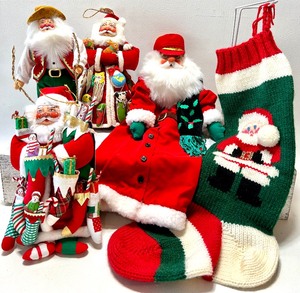 lot 379 image: Vintage HO HO HO Lot of Stuffed Cloth Fabric Santa Figures & Stocking - QTY 5