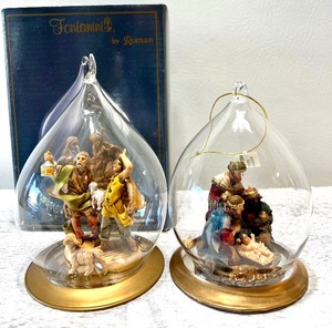 lot 393 image: FONTANINI by ROMAN Handblown, Hand Painted Glass Dome Heirloom Nativity Figures  Ornaments - QTY 2