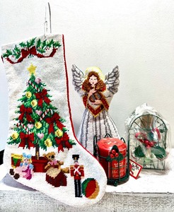 lot 397 image: Needlepoint Stuffed Angel and Needlepoint Christmas Tree Stocking with 2 Wire Cage Candle Holders with Candles