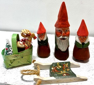 lot 401 image: 3 Wooden Hand Carved Elves with Mini Basket with Gifts and German Rosemaling Painted Sled Ornament