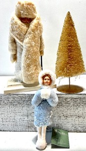 lot 403 image: BETHANY LANE DESIGNS Figure with Golden Bottle Brush Christmas Tree and Handmade Santa Figure