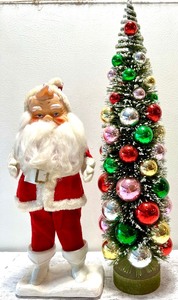 lot 404 image: Vintage MORSLY 1940s Rubber Faced Santa & Bottle Brush Tree with Snow and Plastic Ball Ornaments