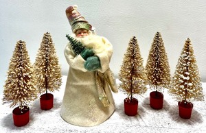 lot 405 image: Vintage MIDWEST OF CANNON FALLS Santa Tree Topper with German Golden Flocked Bottle Brush Trees in Red Wooden Stands - Qty 5