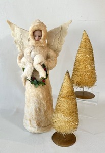 lot 217 image: Victorian Style Cotton Angel with Gold Bottle Brush Trees
