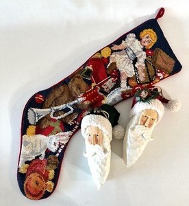 lot 220 image: Christmas Needlepoint Stocking and 2 Large Wood Santa Head Ornaments