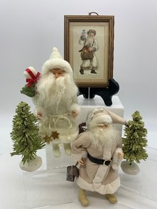 lot 332A image: Pair of SANTAs, Bottle Brush Trees and Framed Picture