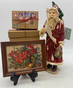 lot 332 image: Vintage BETHANY LOWE Santa, 2 Holiday Nesting Gift Boxes with Framed Poinsettia Picture