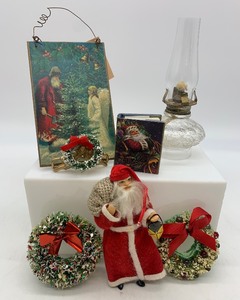lot 341 image: Vintage CHRISTMAS Decor including Mini Glass Oil Lamp