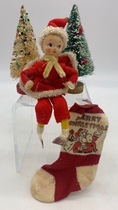 lot 429 image: Vintage Felt FIGURE SKATER Ornament, 2 Bottle Brush Trees and Stocking Ornament