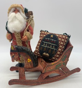 lot 433 image: Vintage CLAY Faced Santa, Wooden Rocking Horse Doll Sleigh & Pillow Ornament