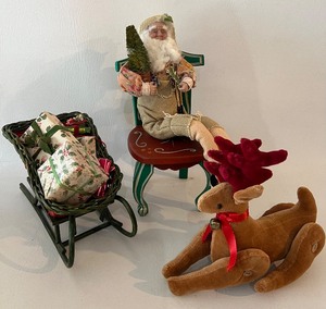 lot 464 image: BRN Santa, Painted Wood Chair, Sleigh with Faux Packages and Plush Reindeer