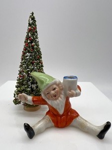 lot 449 image: Vintage Ceramic Gnome Elf Candle Holder - Japan with Mini Christmas Tree