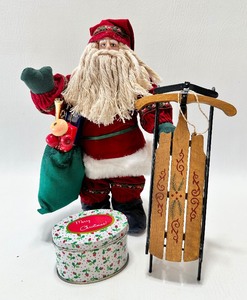 lot 492 image: Posable Santa Figure, Wooden Sleigh and Christmas Tin