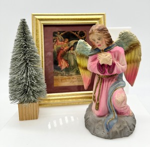 lot 532 image: VINTAGE Articulated CHALKWARE Angel, Framed Angel Art and Bottle Brush Tree