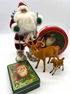 lot 539 image: Santa with Snowshoes, Vintage Reindeer and Christmas Tins
