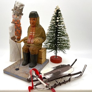 lot 50D image: Vintage Hand Carved Ice Fisherman, Vintage Bottle Brush Tree, Snowman and Vintage Sled - Japan