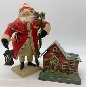 lot 566 image: Fabulous DAVID DECAMP Old World Santa Claus with a Vintage School Tin Bank