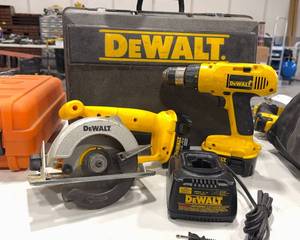 lot 63 image: Dewalt Battery Operated Drill, Trim Saw
