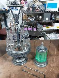 Vintage Reed & Barton Etched Glass Cruet Set & Green Glass Pickle Castor With Tongs