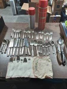 2-Vintage Thermoses, Assorted Plated Flatware, Meat Carving Fork