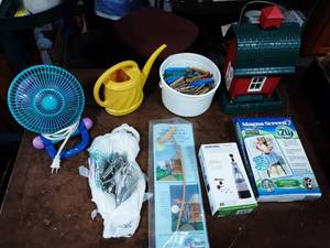 Barn Bird Feeder, Fan, Magnetic Door Screen, Clothes Pins, Dremel Tool, Misc