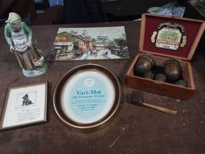 Lot Of Misc Home Decor Wood Cigar Box, Carved Wood Acorns, Frames, Figurine, Misc