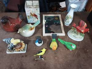 Collection Of Bird Figurines Lefton, Gorham Music Box, Signed Handpainted Candle Screen