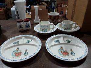Vintage Milk Glass Vases, Dutch Boy Shakers, Campbell Soup Mug, 2-Peter Rabbit Baby Dish Sets