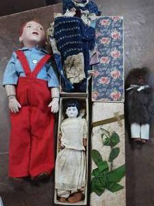 Antique Schoenhut Doll 16, Vintage China HeadFelt Body Doll 9, Old Boxes, Doll Clothes, Real Fur Ethnic Doll 7