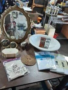 18 Standing Mirror, Wash Bowl, Piggy Bank, Dresser Trinket Box, Cologne, Handkerchiefs, 2-Alarm Clocks