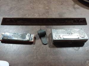 Vintage Military Razor Set, Old Metal Whistle, Harmonica, Lasercrafted Desk Ruler