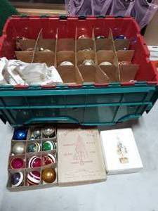 Tote Bin Full Of Vintage Ornaments (3-Layers), Box Of Shiny Bright Ornaments, Pins