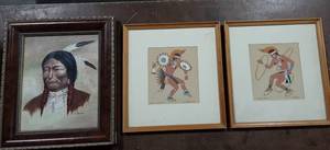 Pair Of Vintage Navajo Prints-War Dance & Hoop Dance By Begay 11x11 & Chief Joseph By Donna Jeffrey 11x13 Oil Painting