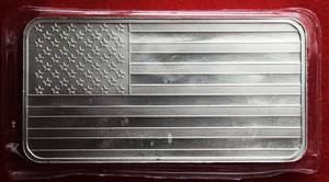 lot 389 image: Lot of (1) Ten oz. Silver Bar US Flag Design Silver Towne .999 Fine
