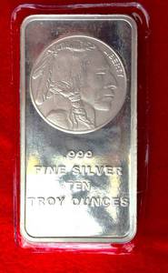 lot 394 image: Lot of (1) Ten oz. Silver Bar American IndianBuffalo Design .999 Fine