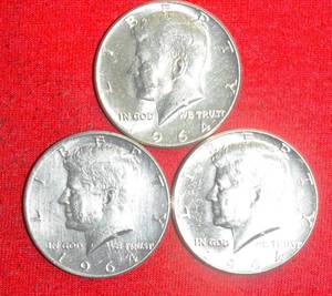 lot 415 image: Lot of (3) 1964 Kennedy  Hi Lustre Half Dollar 90% Silver Proof