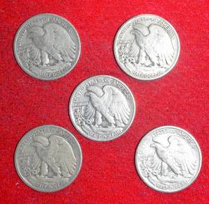 lot 419 image: Lot of (5) Liberty Walking Half Dollar 1936 P F121939 F12-VF25 90% Silver