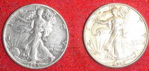 lot 421 image: Lot of (2) Liberty Walking Half Dollar 1944 P VG 08 AND 1945 VF25 90% Silver