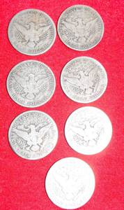 lot 424 image: Lot of (7) Barber Half Dollar - Various Dates, Mints - Grading About G4 90% Silver