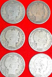 lot 425 image: Lot of (6) Barber Half Dollar - Various Dates, Mints - Grading About G4 90% Silver