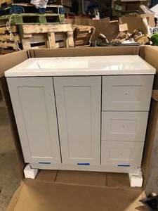 Glacier Bay Bannister 37 in. W x 19 in. D x 35 in. H Single Sink Bath Vanity in Pearl Gray with White Cultured Marble Top Slightly Damaged Customer Returns See Pictures