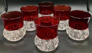 lot 6 image: Antique Set of 6 Indiana Triffin Francisan Kings Crown Ruby Glasses  -Glows Under 365nm wavelength blacklight