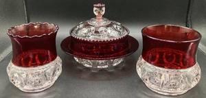 lot 7 image: Antique Triffin Francisan Kings Crown Ruby Celery Vase, Covered Butter Dish and Sugar Bowl - Glows Under 365nm wavelength blacklight