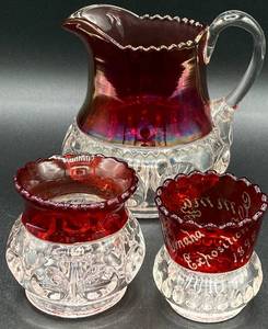 lot 8 image: Antique Triffin Francisan Kings Crown Thumbprint Ruby Red Creamer 4.75 x 5 , Open Sugar 2.25 X 2.5 and Toothpick Holder 2 x 2.25 - Glows Under 365nm wavelength blacklight