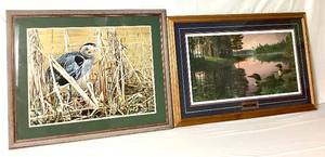 lot 29 image: Northern Tranquility Loons Framed Print by Kim Norlein and Early Spring Great Blue Heron Framed Print by Ron Parker