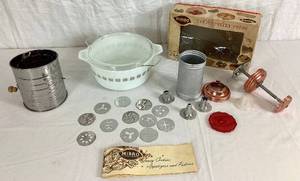 lot 36 image: Vintage Kitchen Bundle -Pyrex Town & Country  2 12 Qt. Casserole Dish, Flour Sifter Mirro Cooky-Pastry Press